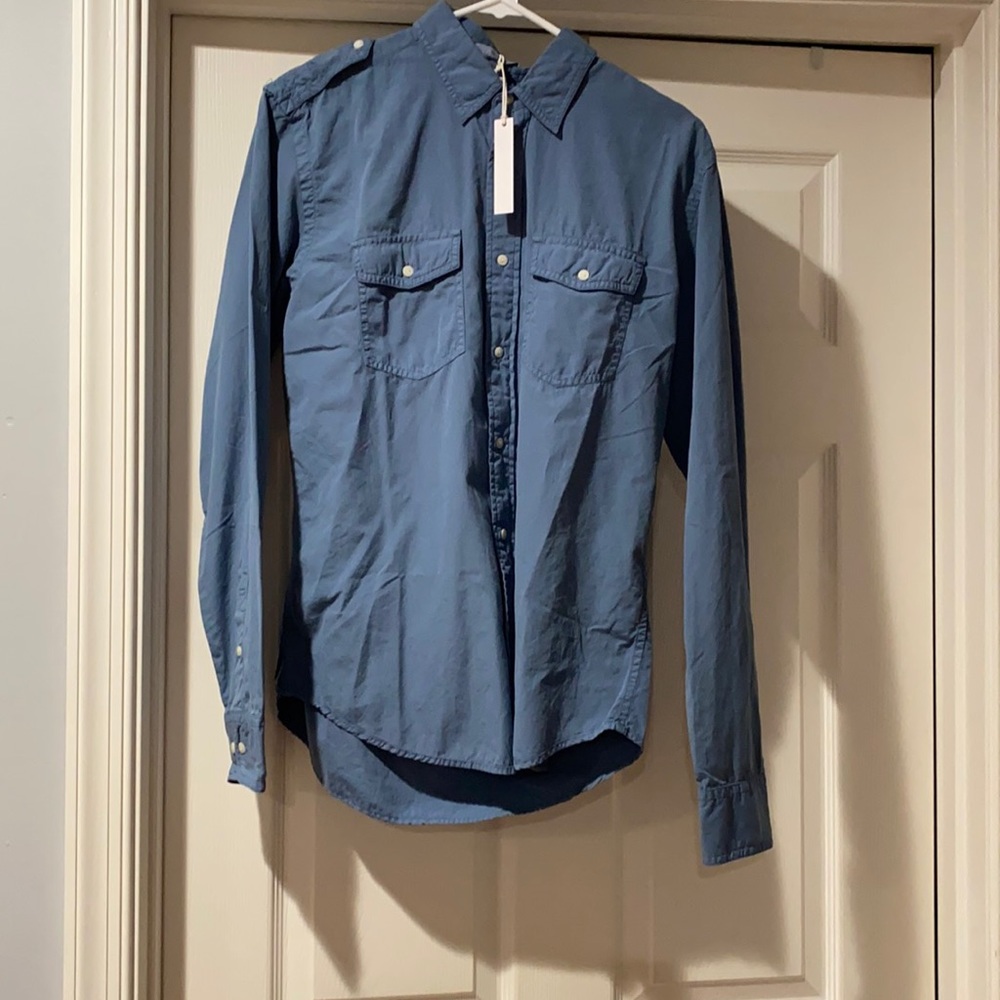 New men’s blue button down casual shirt.